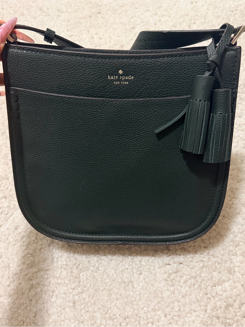 kate spade dark forest green leather shoulder bag with tassel